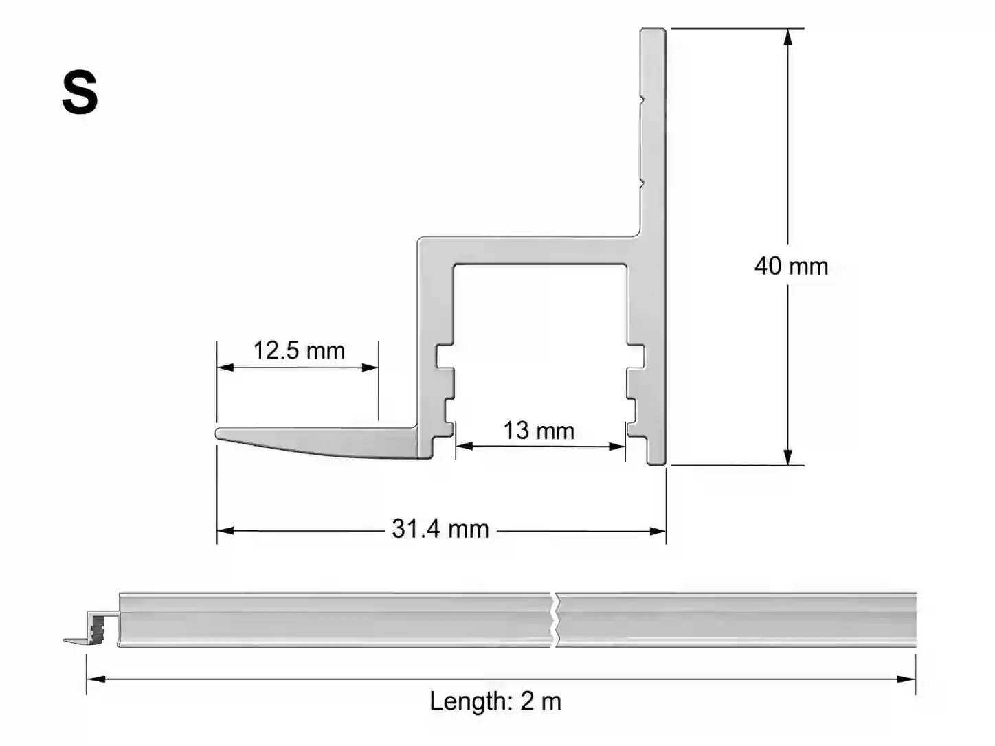 Pohled na profil S zepředu zobrazení kanálu 13mm a eloxovaného hliníku stříbrná barva